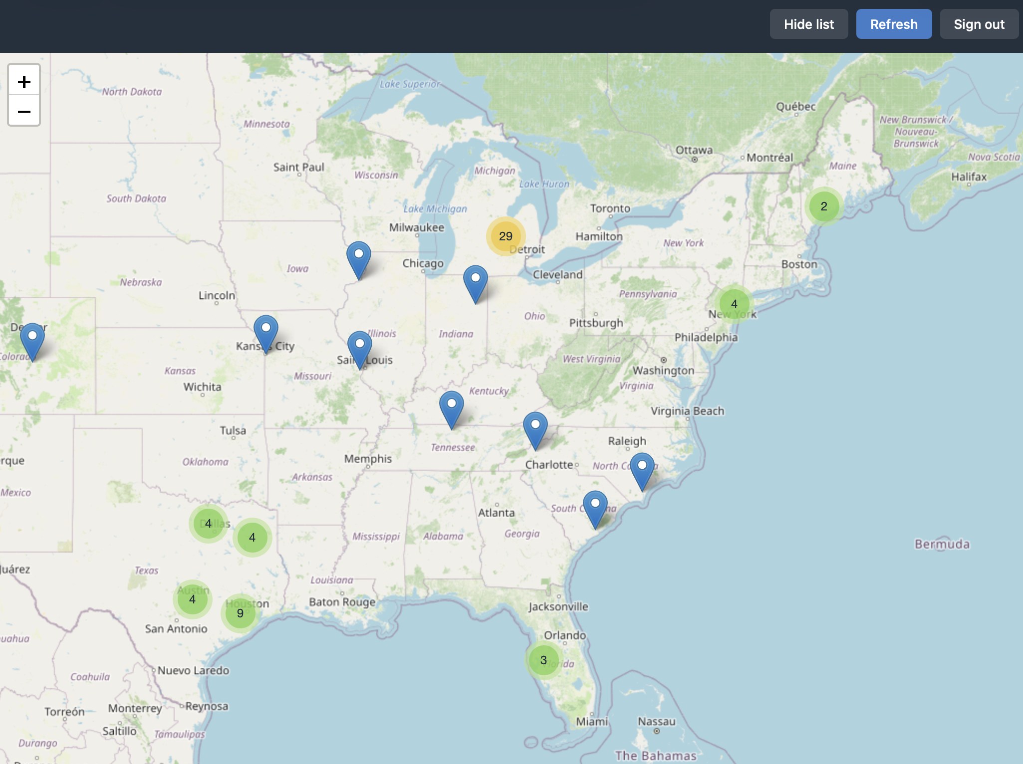 Family map web app showing clustered pins across the United States