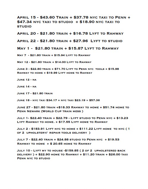 Handwritten-style list of job travel costs by date